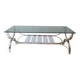 Rectangular coffee table in smoked glass and chrome double trays Design 1970