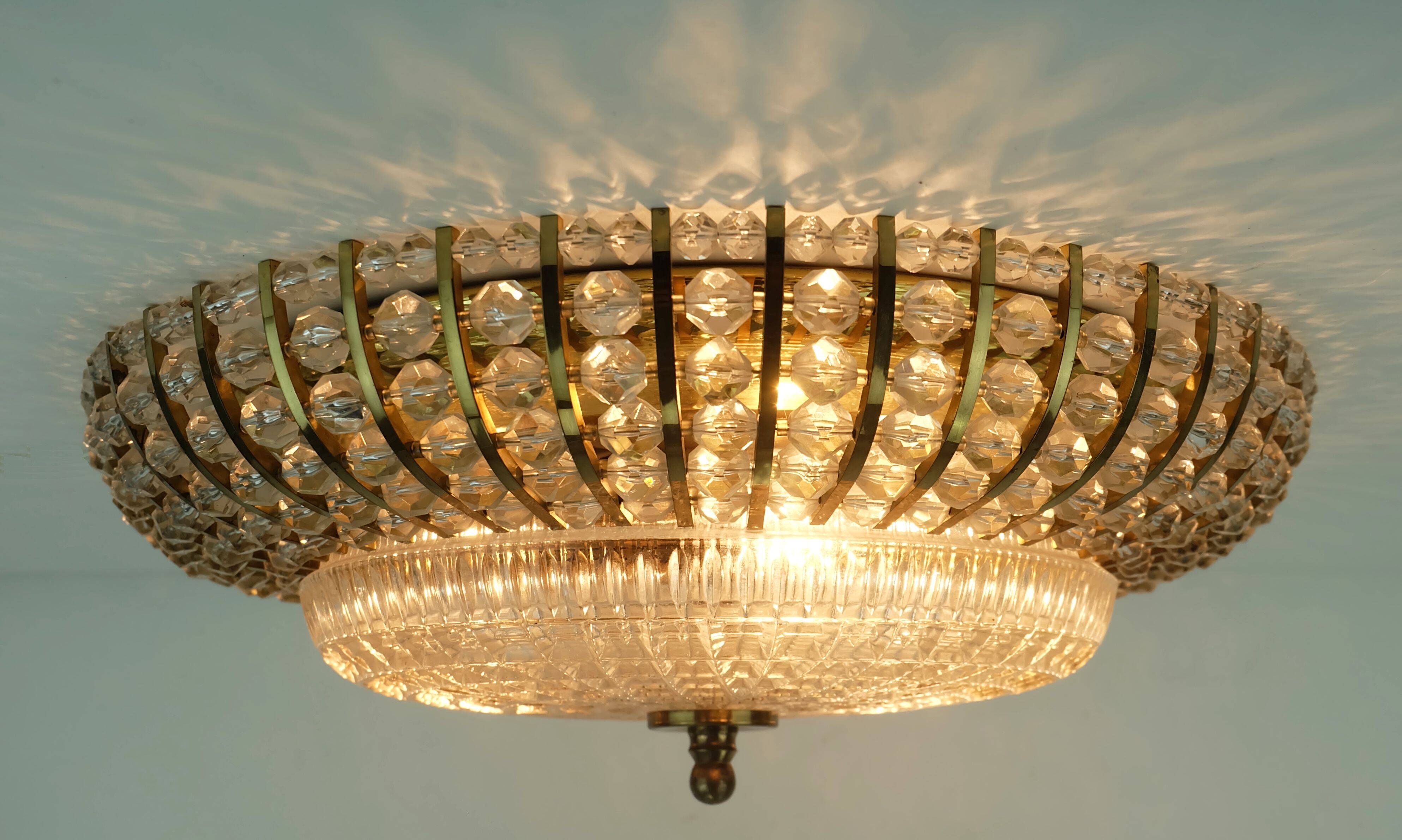 Glamorous 1960s mid century ceiling lamp ceiling fixture brass and glass