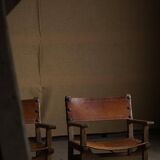 Pair of Spanish brutalist armchairs from the 1960s, wood and leather.