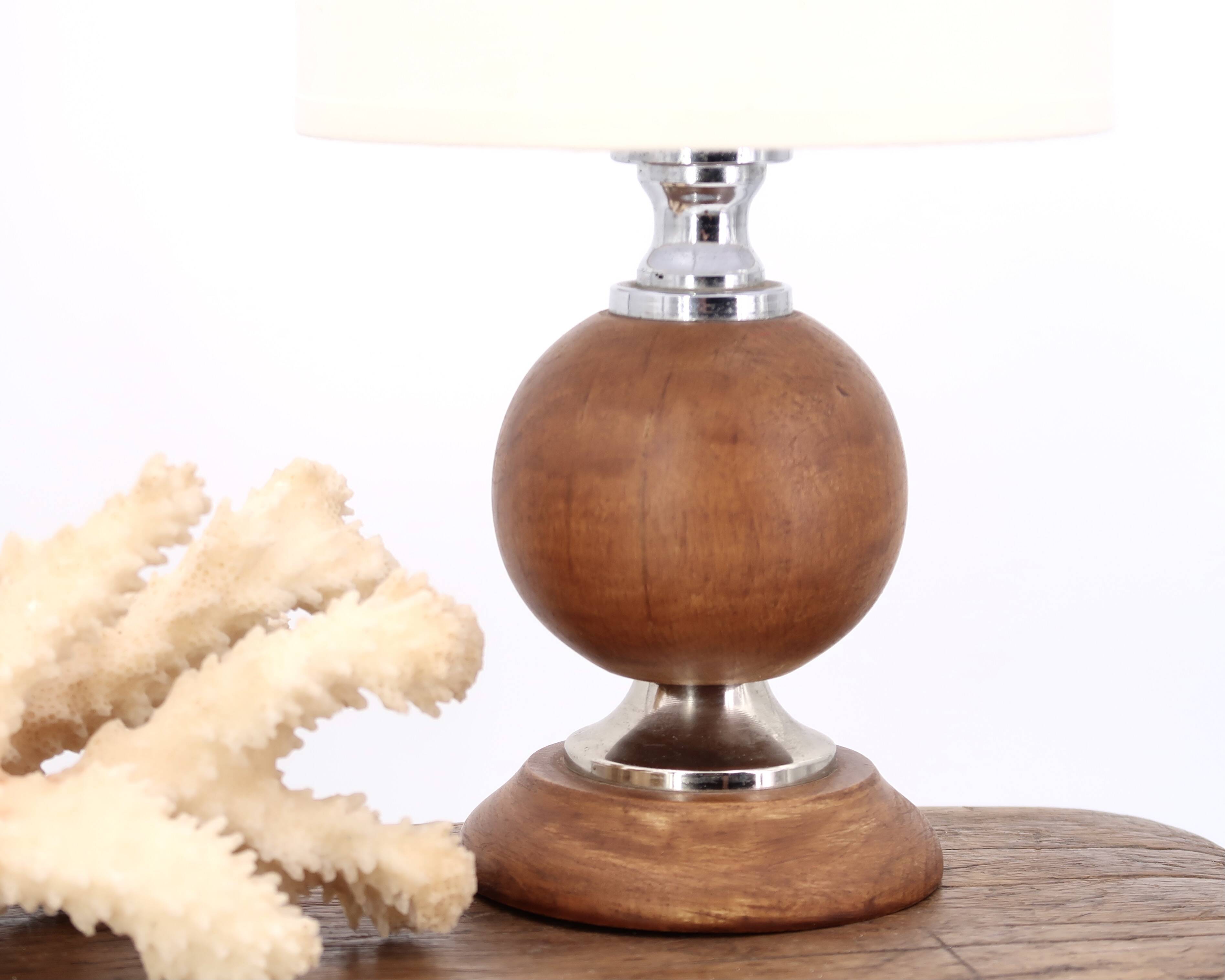 Wooden and silver metal lamp, off-white lampshade, 1970s