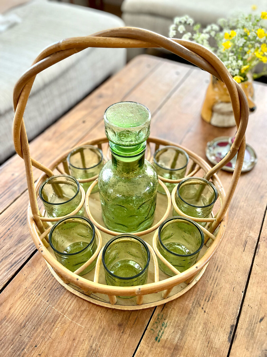 Service at orangeade vintage seventies green glass and rattan basket