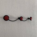 Vintage 1960s red and black coat rack with 3 wall hooks - 45 x 7 cm