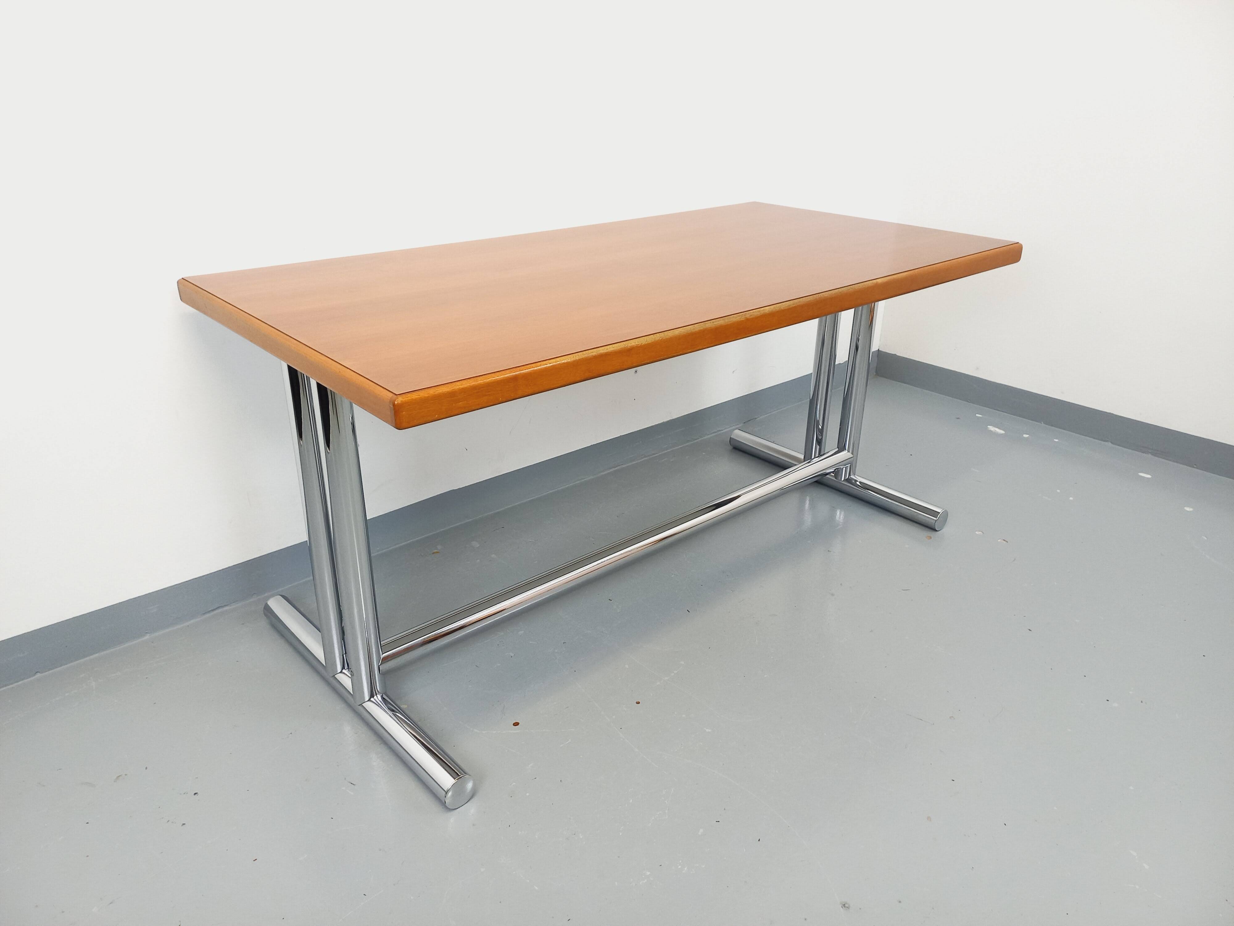 Vintage walnut and chrome metal desk from the 1970s.