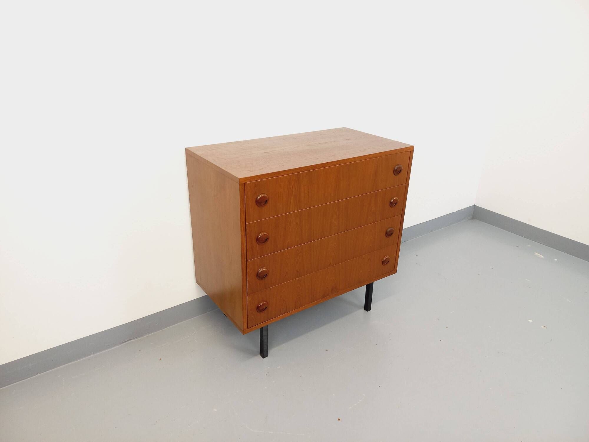 Vintage Scandinavian style chest of drawers in teak and black metal from the 60s