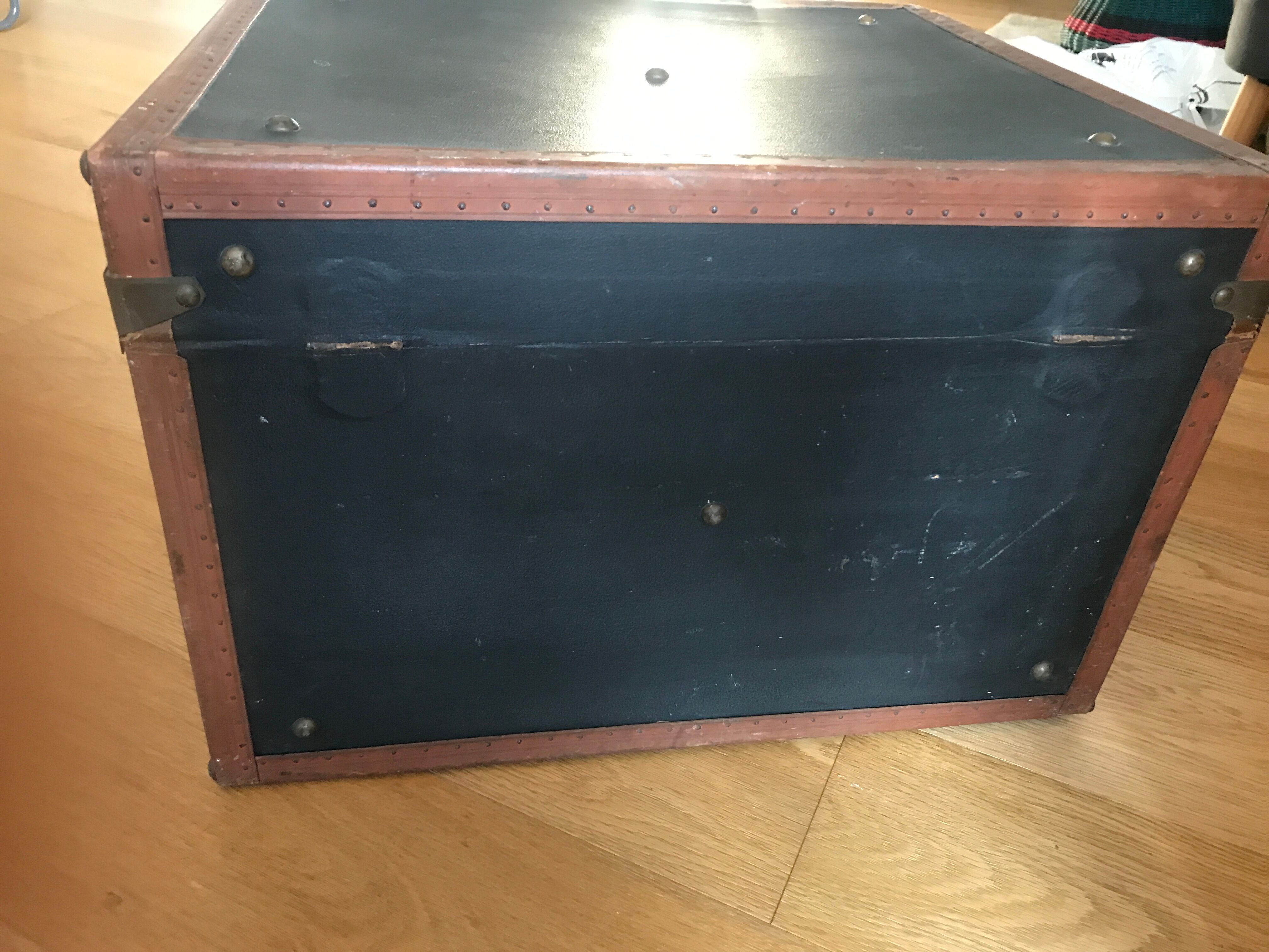 Old square travel trunk J Penet