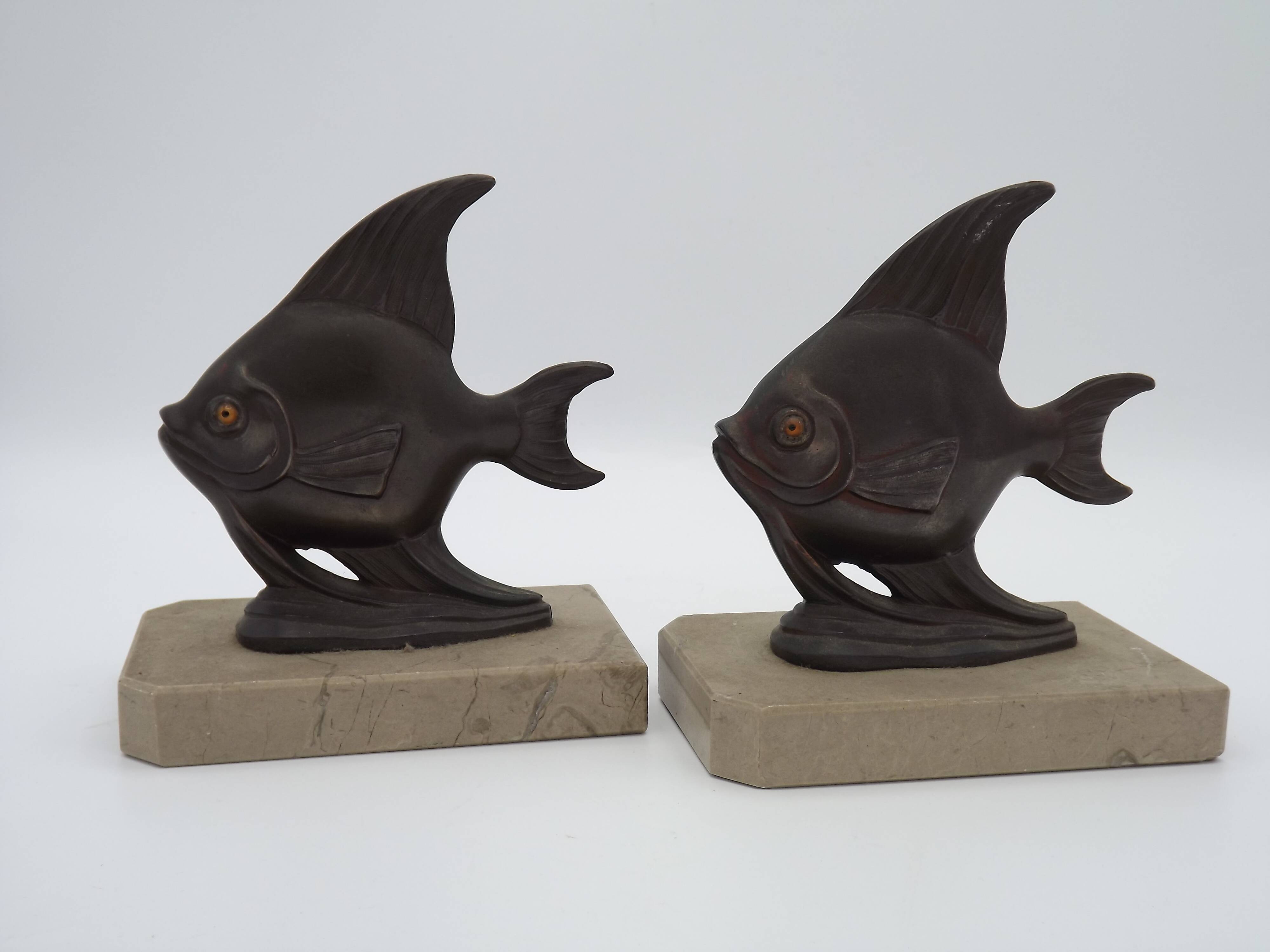 Vintage French Art Deco Fish Book Ends - Marble and Spelter Bookends