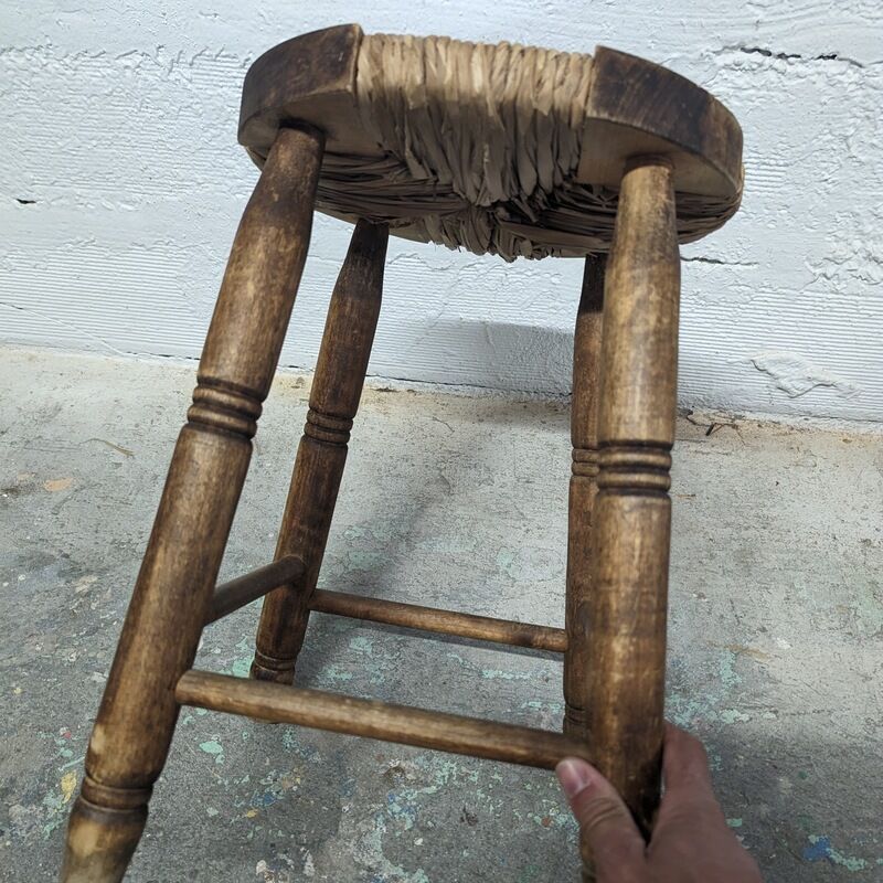 Wooden stool seated wood & woven straw