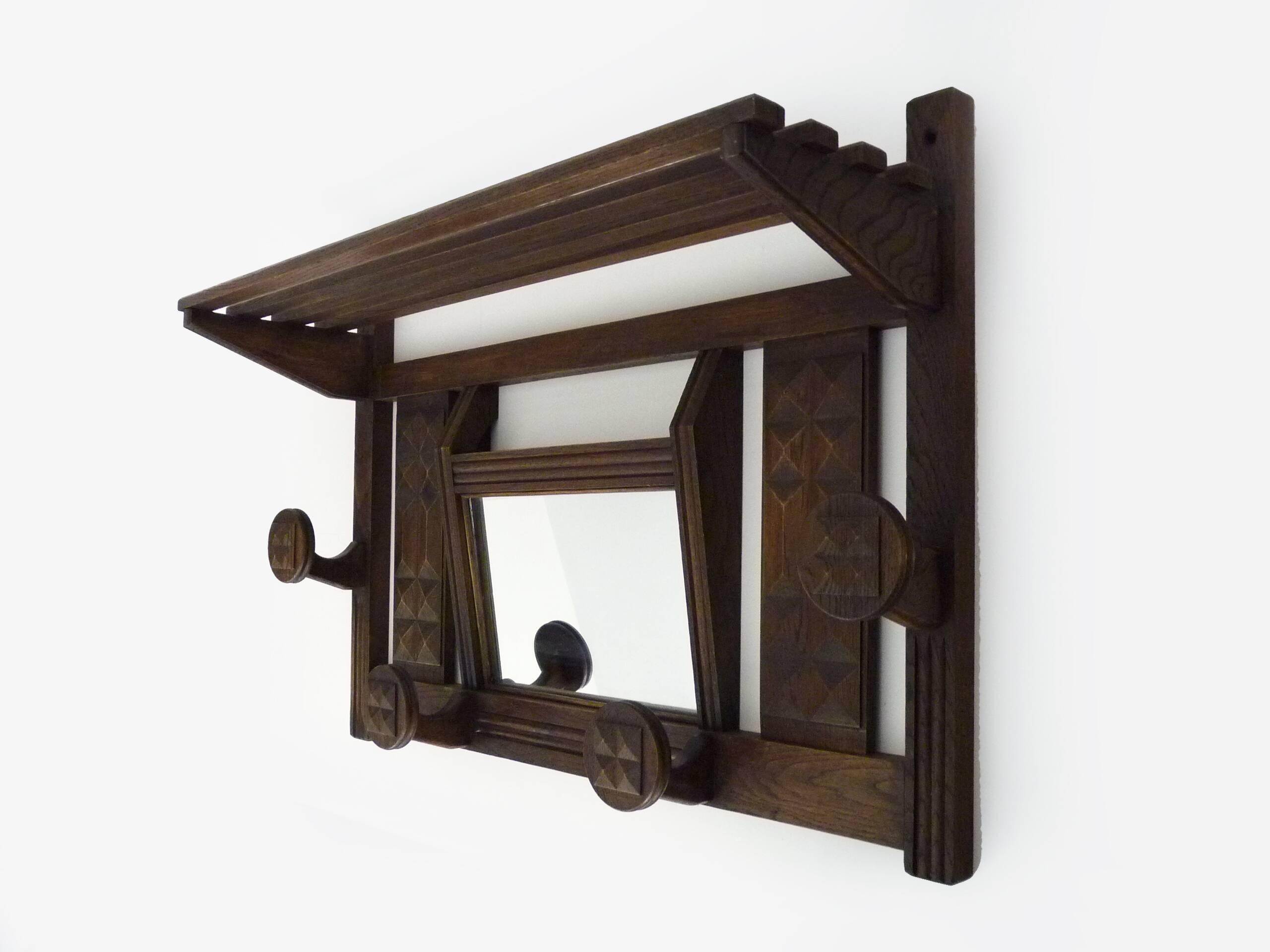 Ancien porte-manteau mural brutaliste avec miroir, 4 patères et un porte chapeau années 60 70
