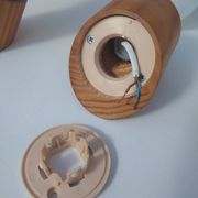 Pair of vintage wall lights in varnished pine and opal glass, 1970s-80s.