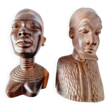 Pair of Busts or Sculptures of African Men and Women in high quality carved wood used