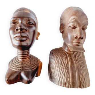 Pair of Busts or Sculptures of African Men and Women in high quality carved wood used