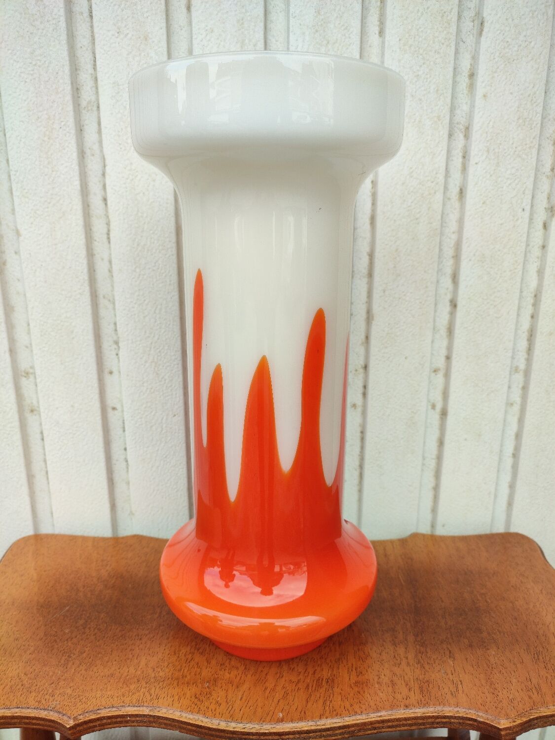 Vase opaline verre orange et blanc vintage