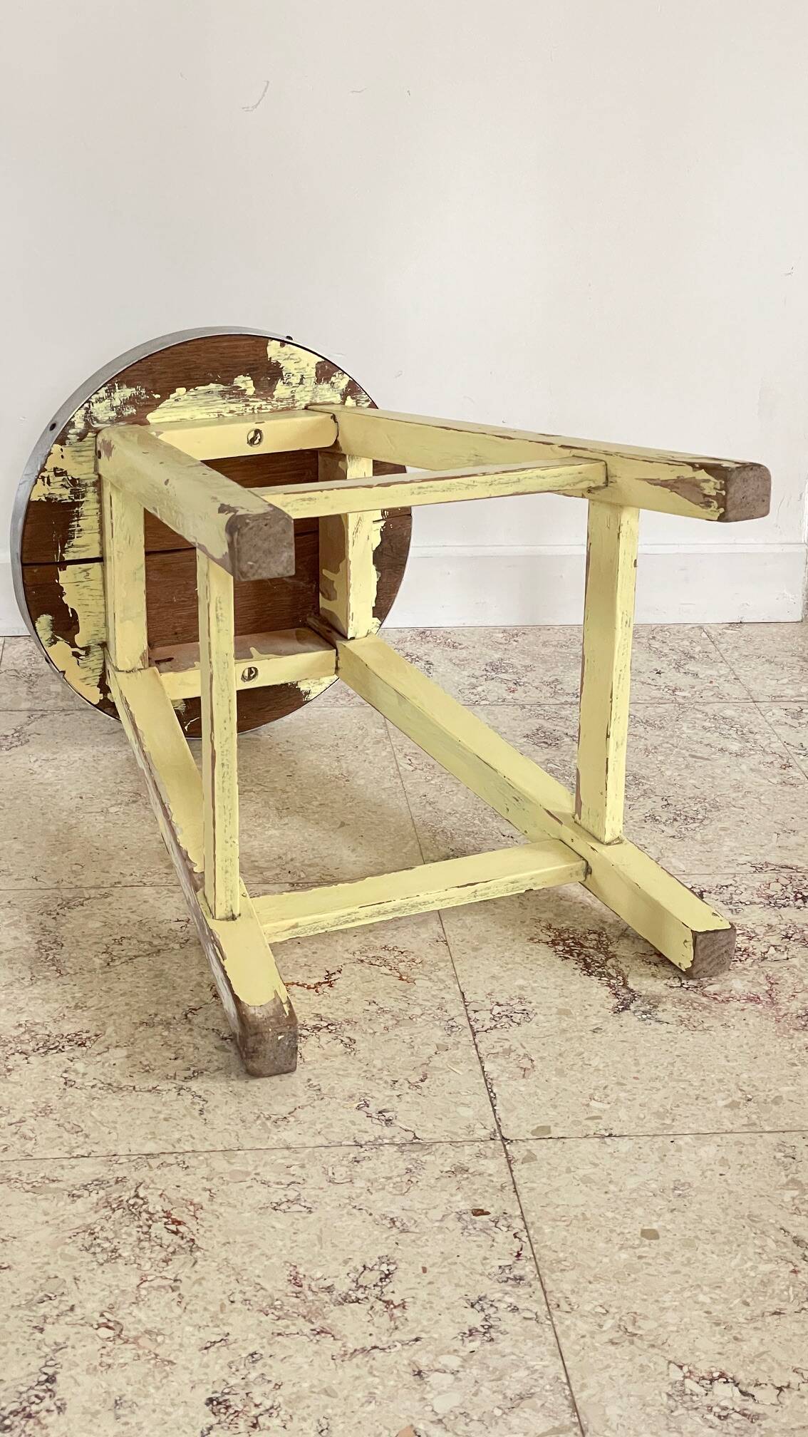 Vintage stool in solid oak green seat
