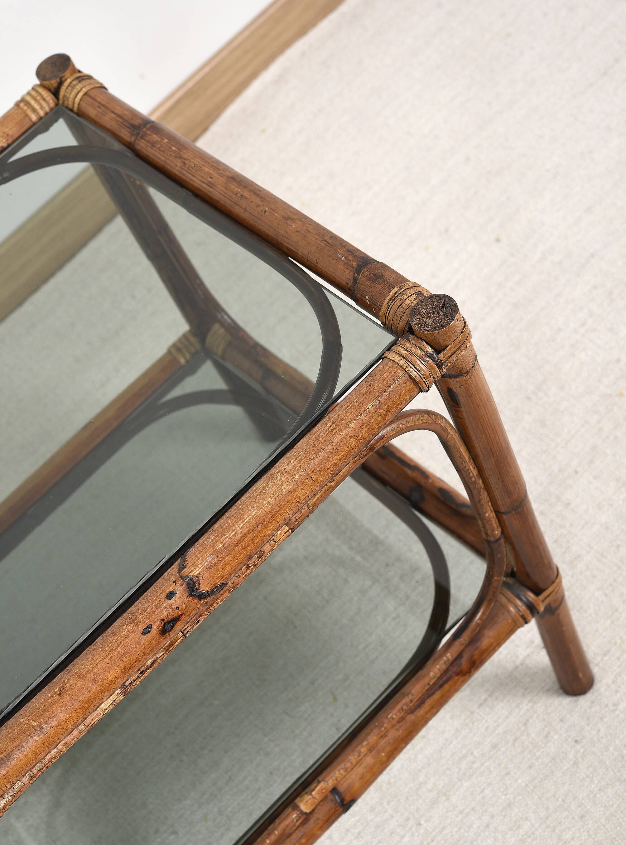 Bedside table or coffee table in bamboo and smoked glass, double top, 70s