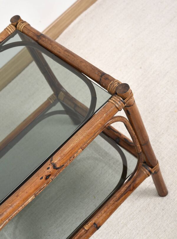 Table de chevet ou table basse en bambou et verre fumé, double plateau, années 70