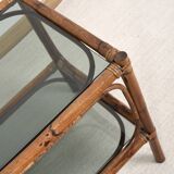 Bedside table or coffee table in bamboo and smoked glass, double top, 70s