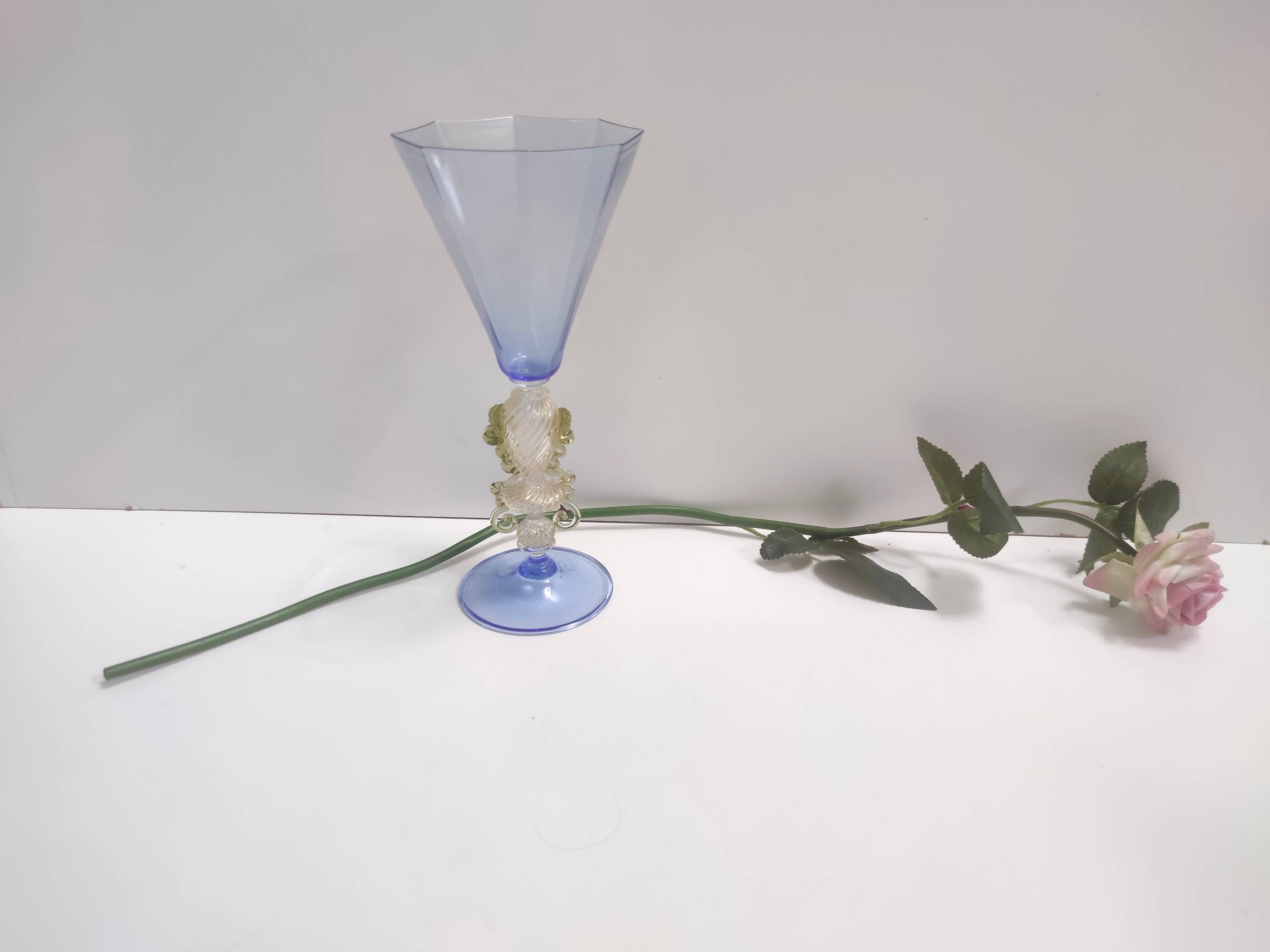 Light Blue Octagonal Murano Glass Goblet "Tipetto", Italy
