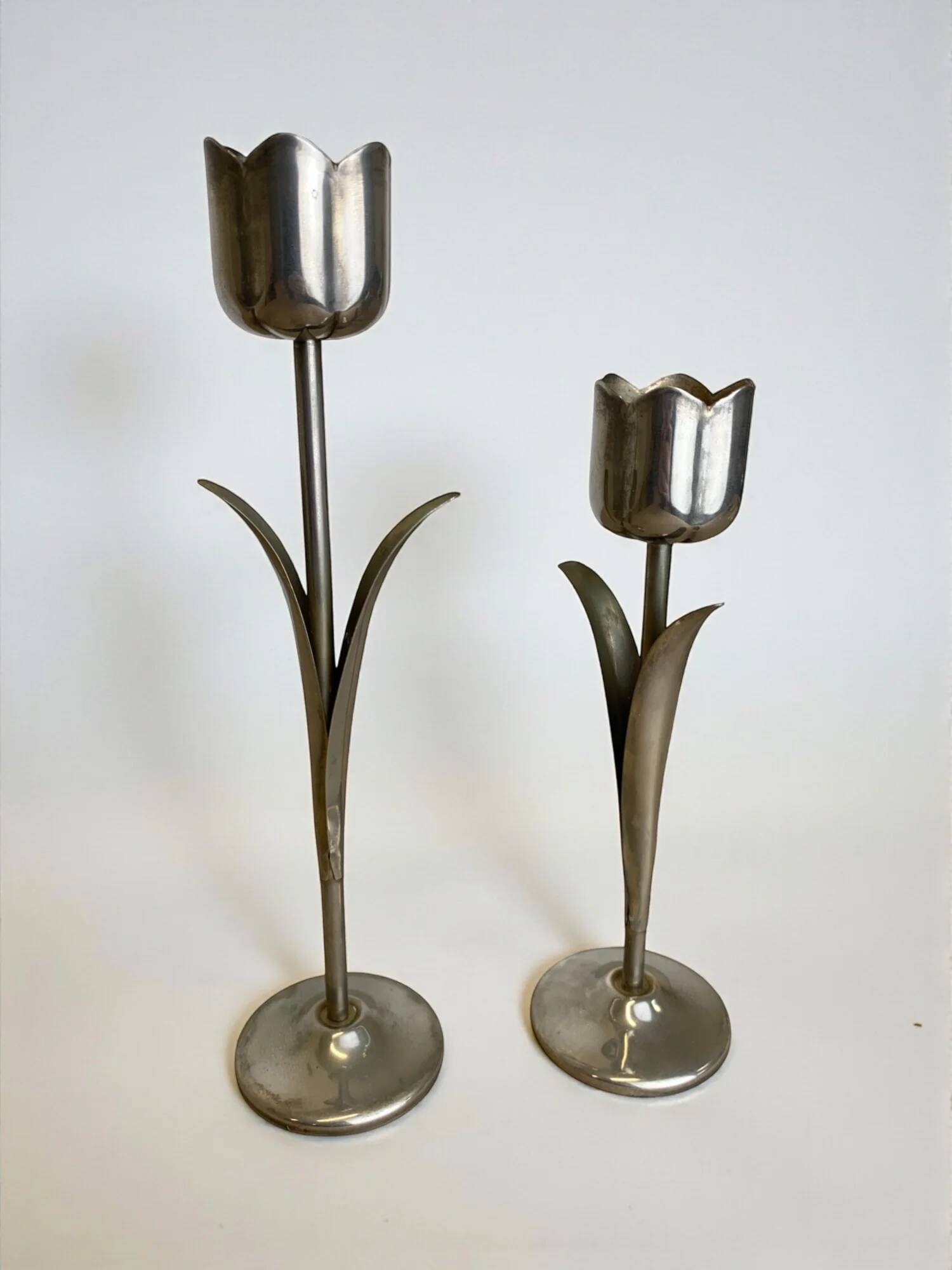 Pair of chromed tulip candle holders, 1970s, Italy