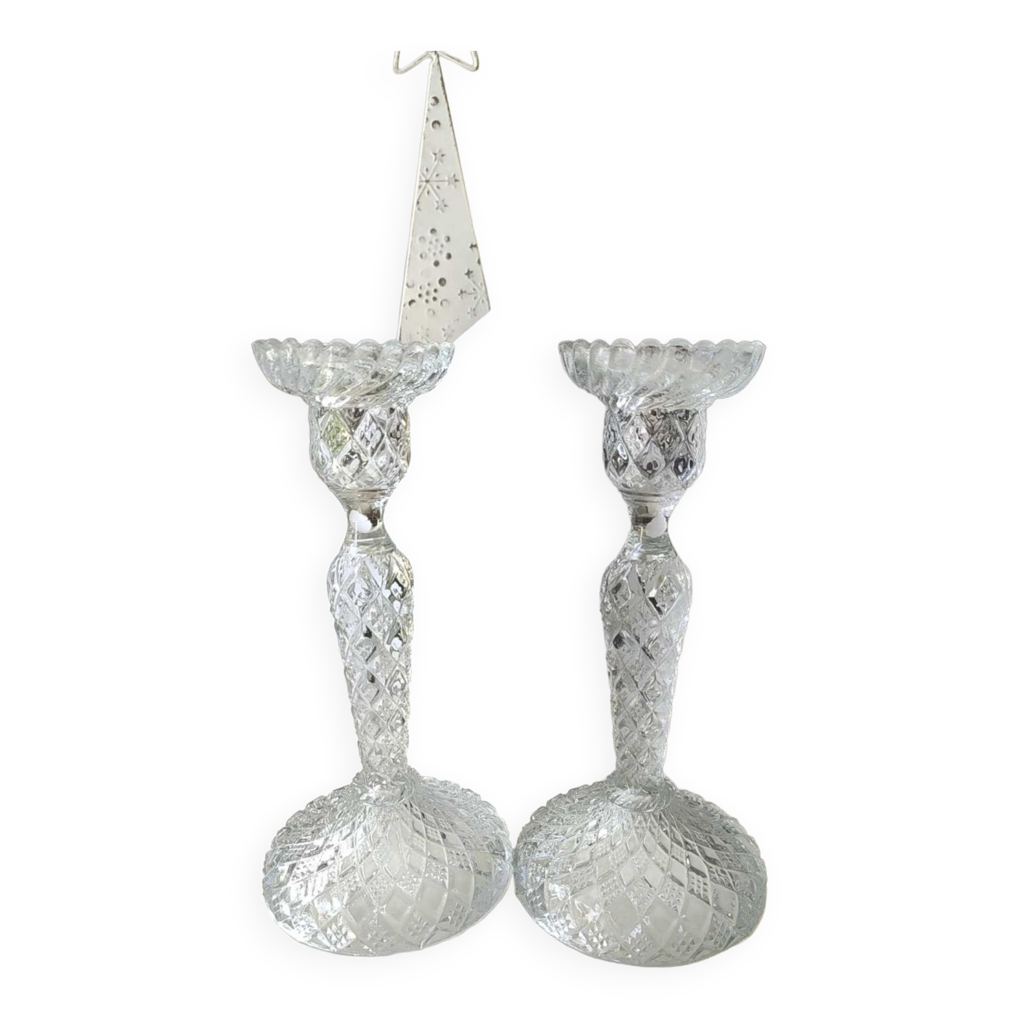 Pair of Bougeoirs flambeaux/Verrerie de Portieux, molded glass. Cross patterns, corolla shape