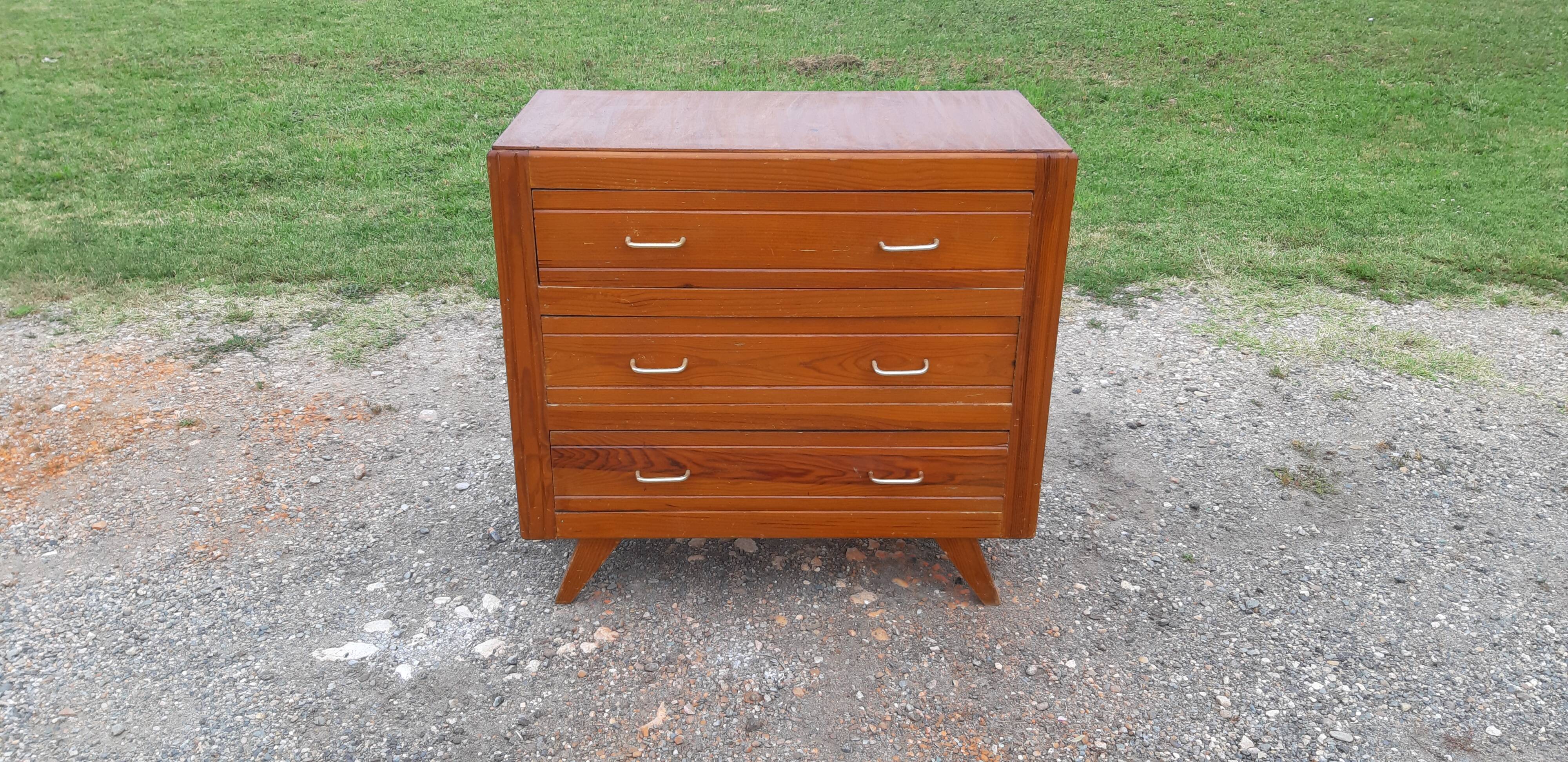 Commode vintage des années 50 en pin, pieds compas, 3 tiroirs