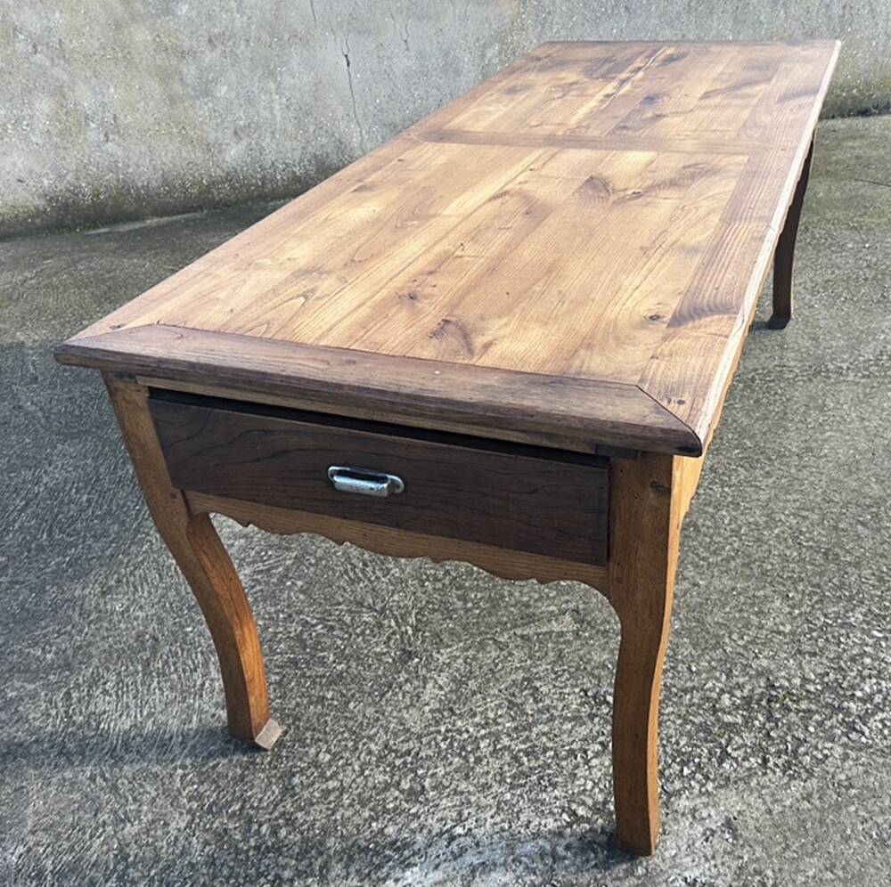 Solid oak farmhouse table, one drawer, vintage, early 20th century.