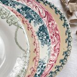 10 mismatched vintage soup plates in blue, green, and red ironstone