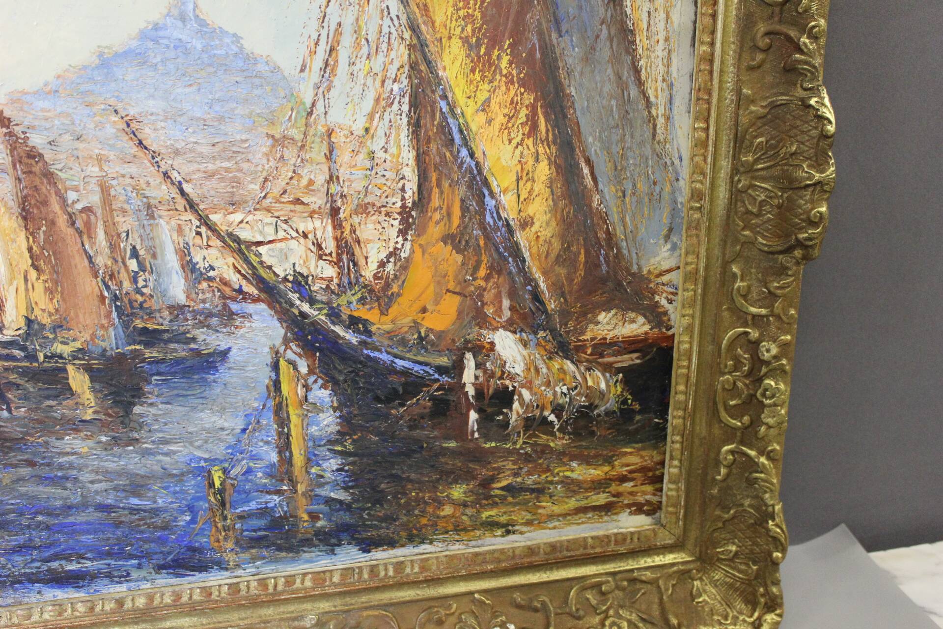 Oil on panel "The Port of Marseille" circa 1950