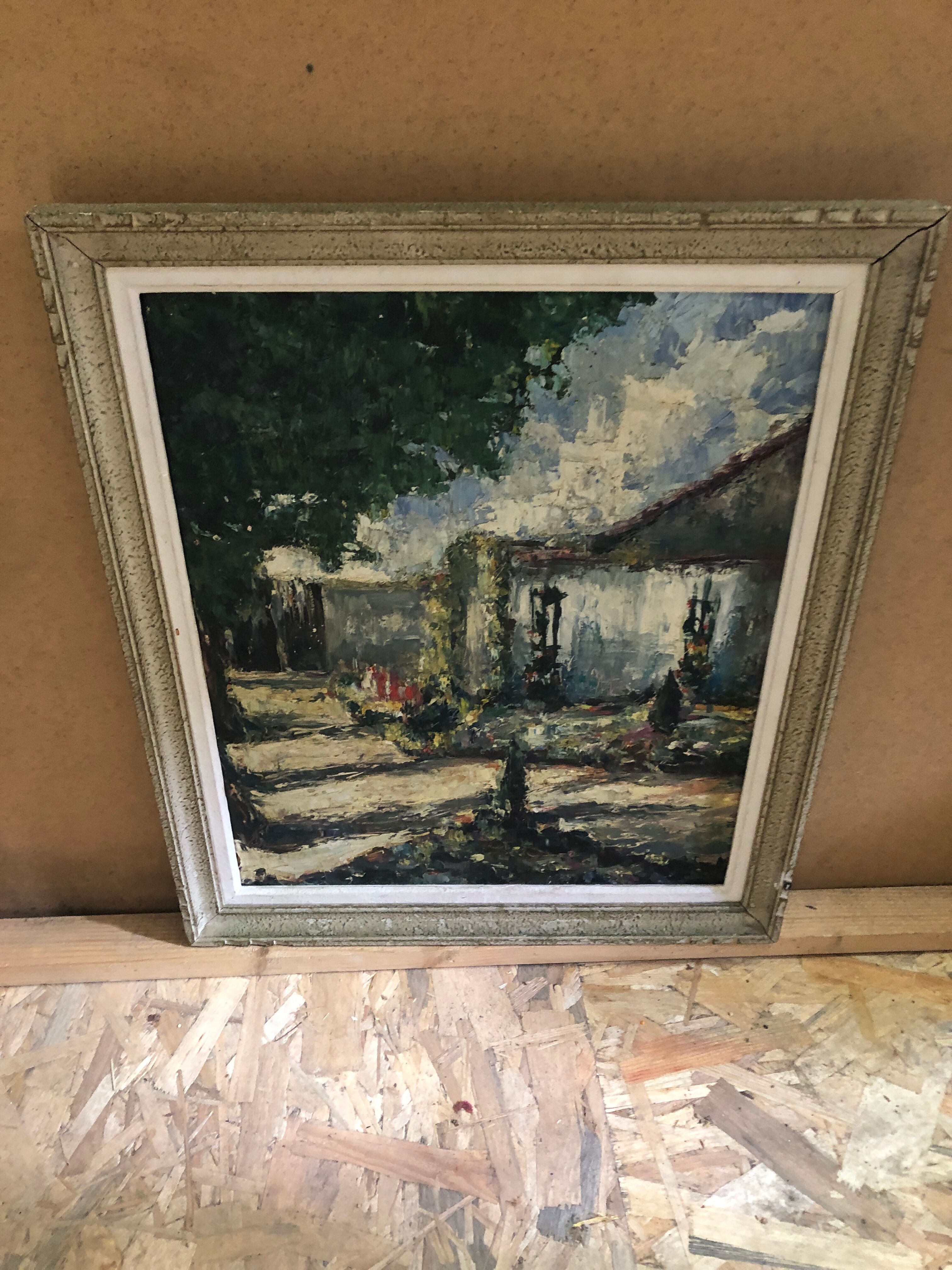 Ancien tableau huile au couteau sur panneau avec cadre bois vintage