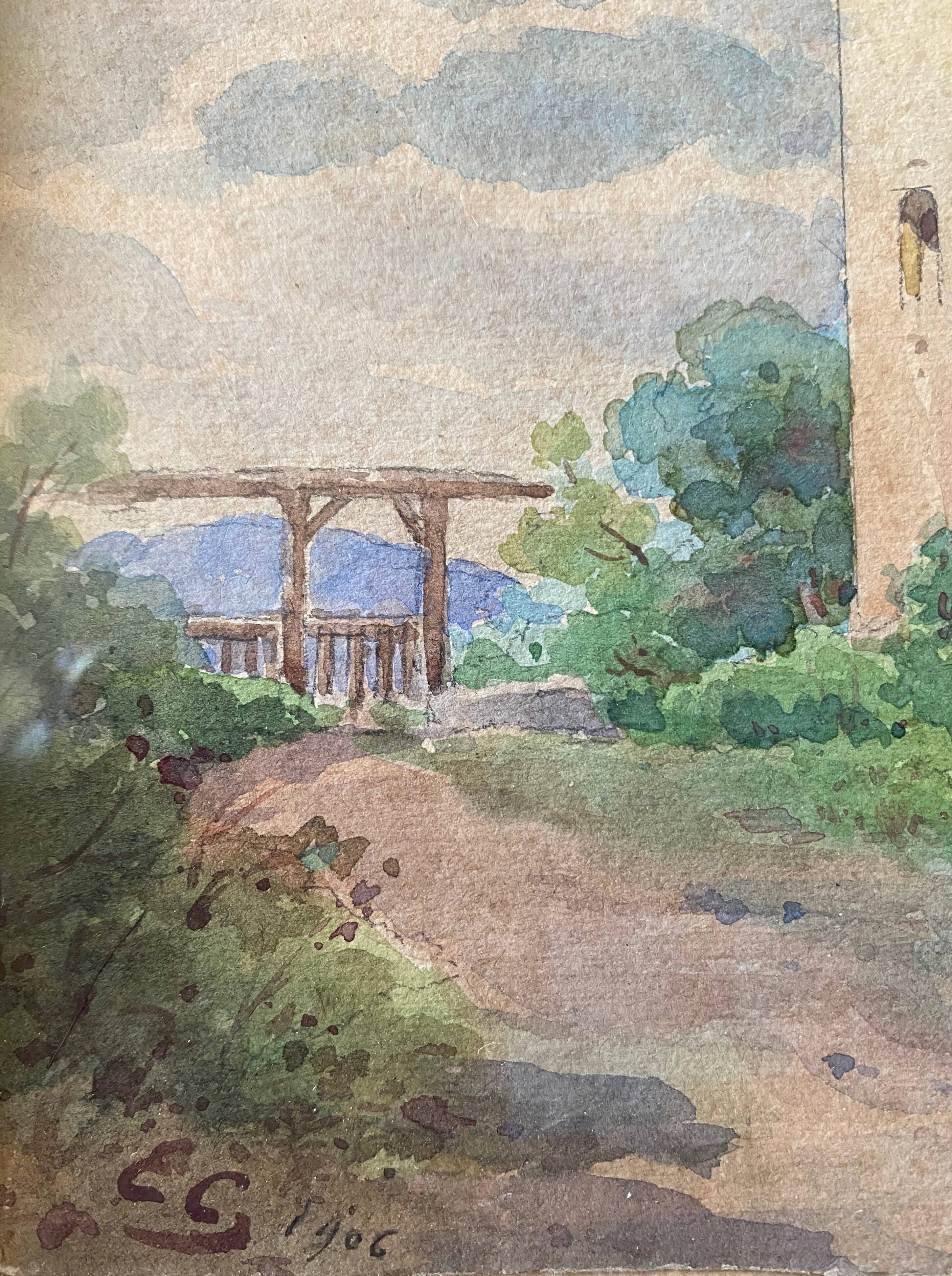 Watercolor painting "Nan-sous-Thil" Burgundy Eugène Cahtelain 1906 + frame