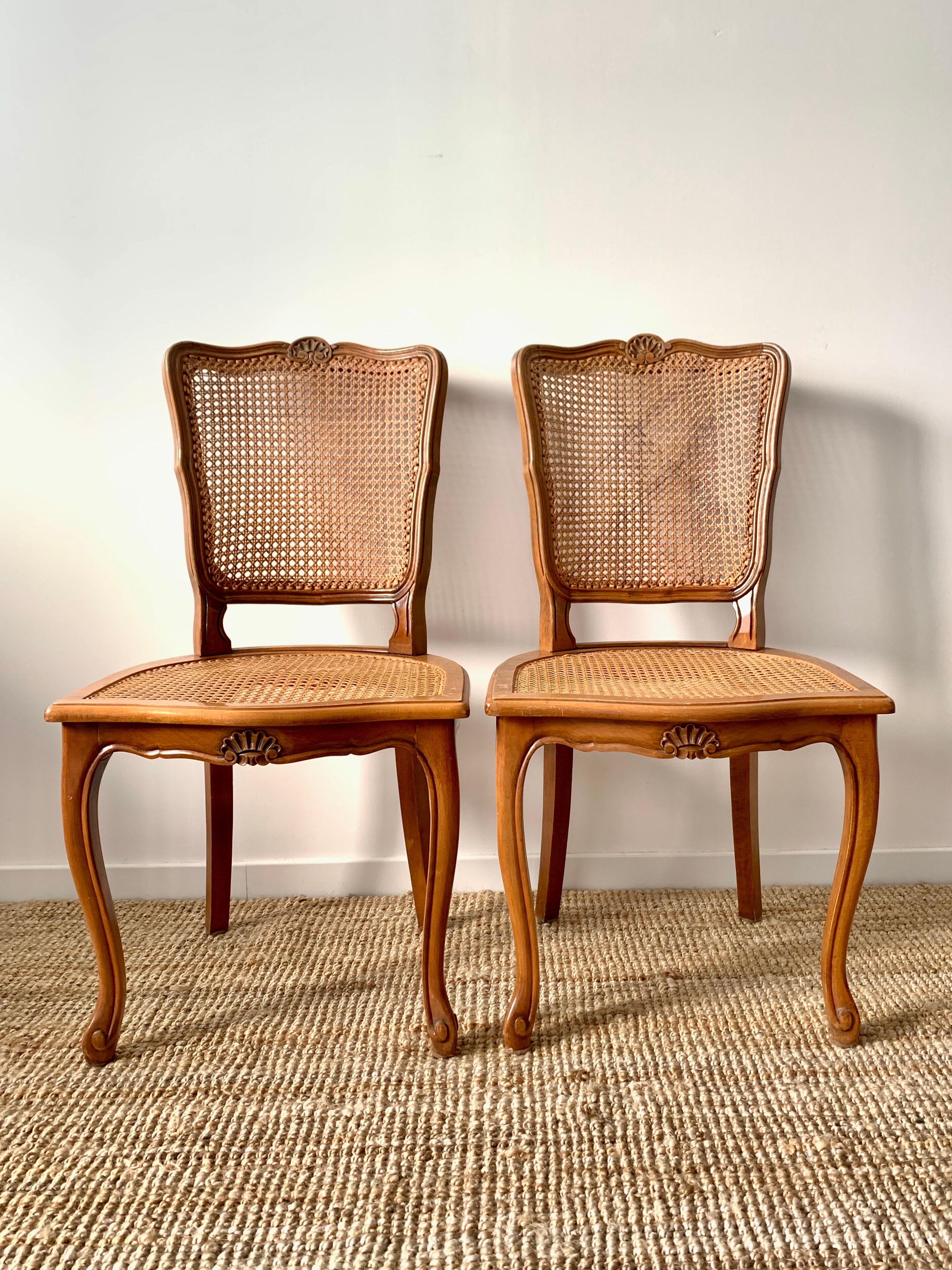 Pair of Louis XV style beech tanned chairs with shell pattern