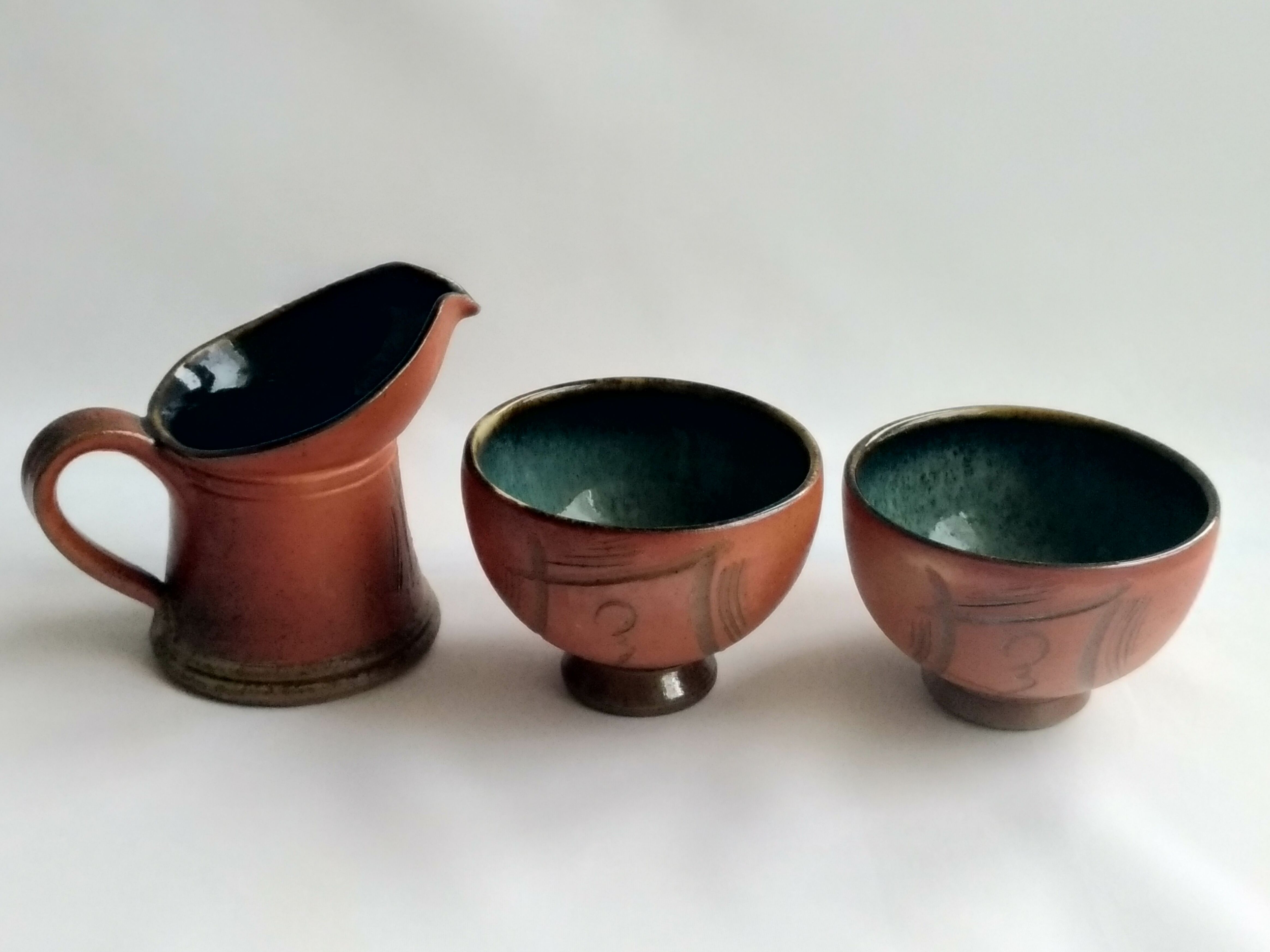 Puisaye Sandstone Coffee Service - Marina Tellier - Signed - Decorated with ideograms