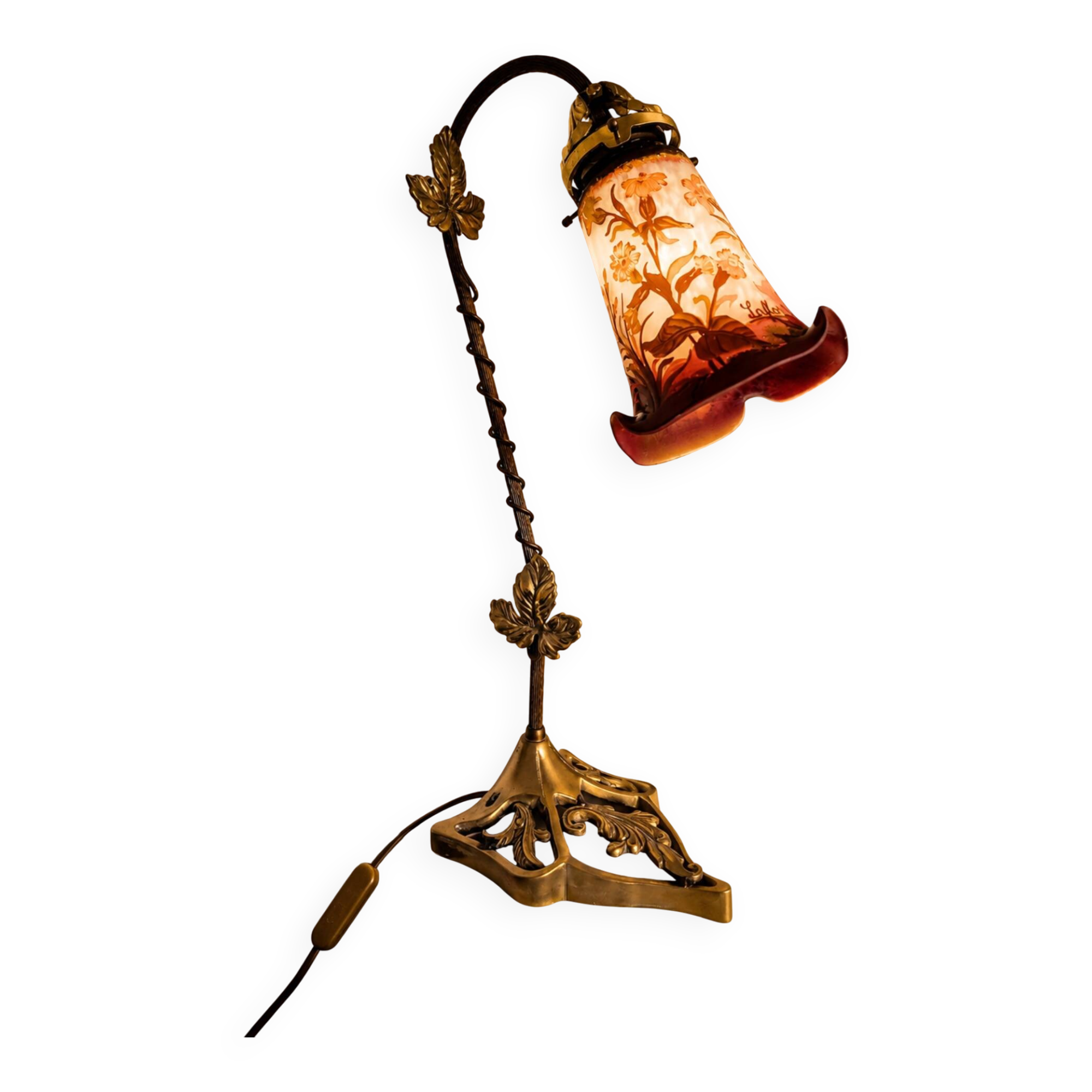 Art Nouveau lamp signed LAFLOR, marbled glass with enamel floral decoration.