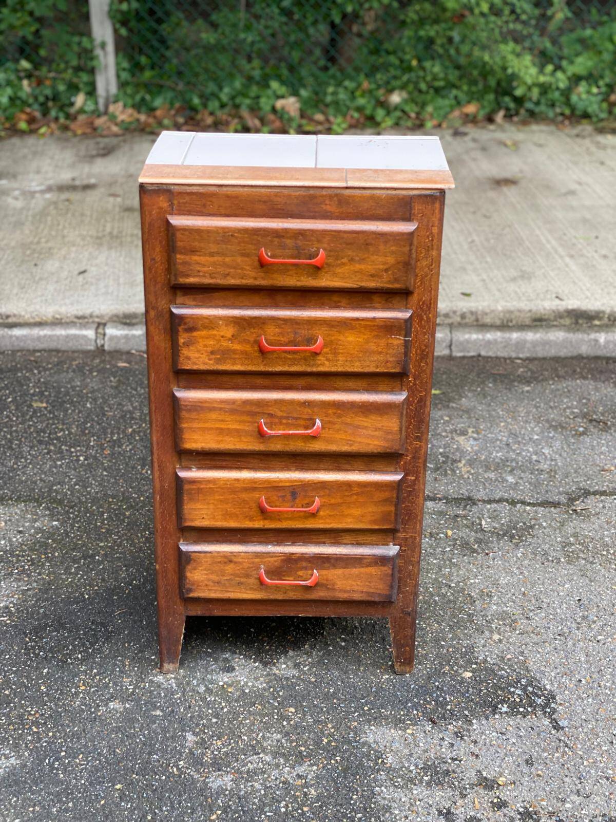 Art Deco chest of drawers in solid wood and tiles with 5 drawers, 1960s