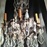 Old chandelier with tassels, bronze and crystal, 8 lights. Louis XV style.