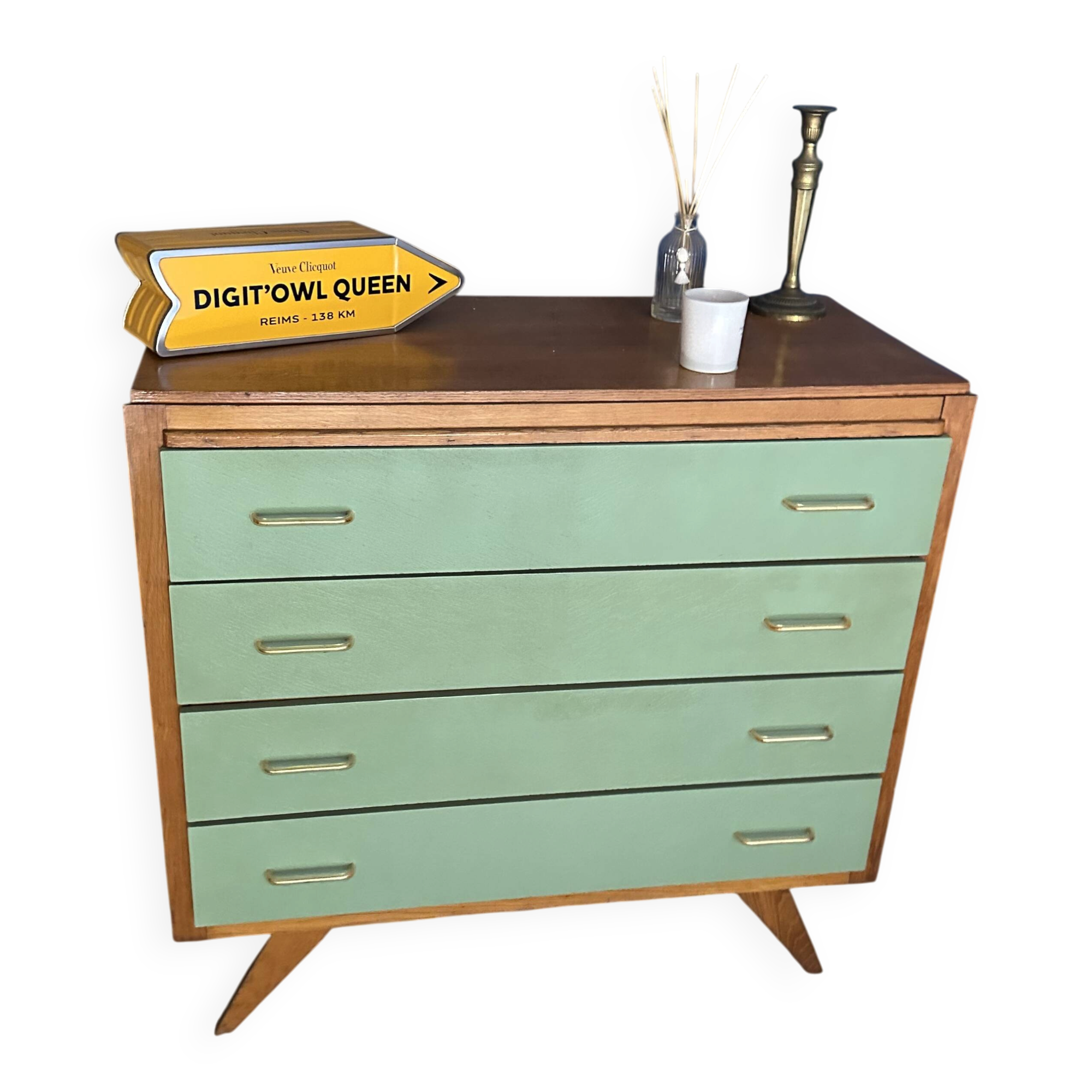 Commode vintage en bois – 4 tiroirs vert d’eau – pieds compas