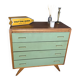 Commode vintage en bois – 4 tiroirs vert d’eau – pieds compas