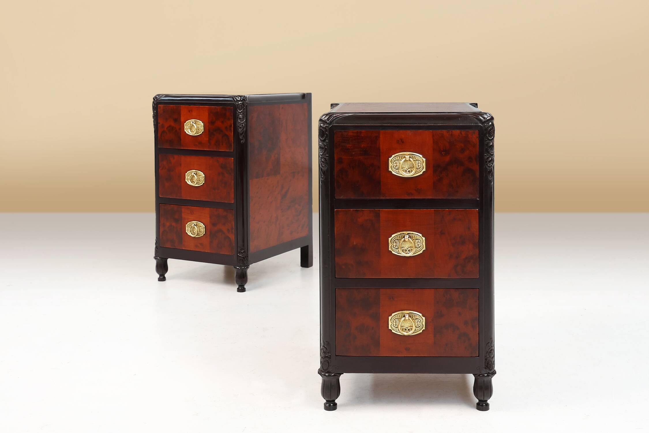 Pair of Art Deco nightstands in burl veneer, oak and copper, France ca. 1910