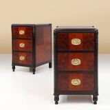 Pair of Art Deco nightstands in burl veneer, oak and copper, France ca. 1910