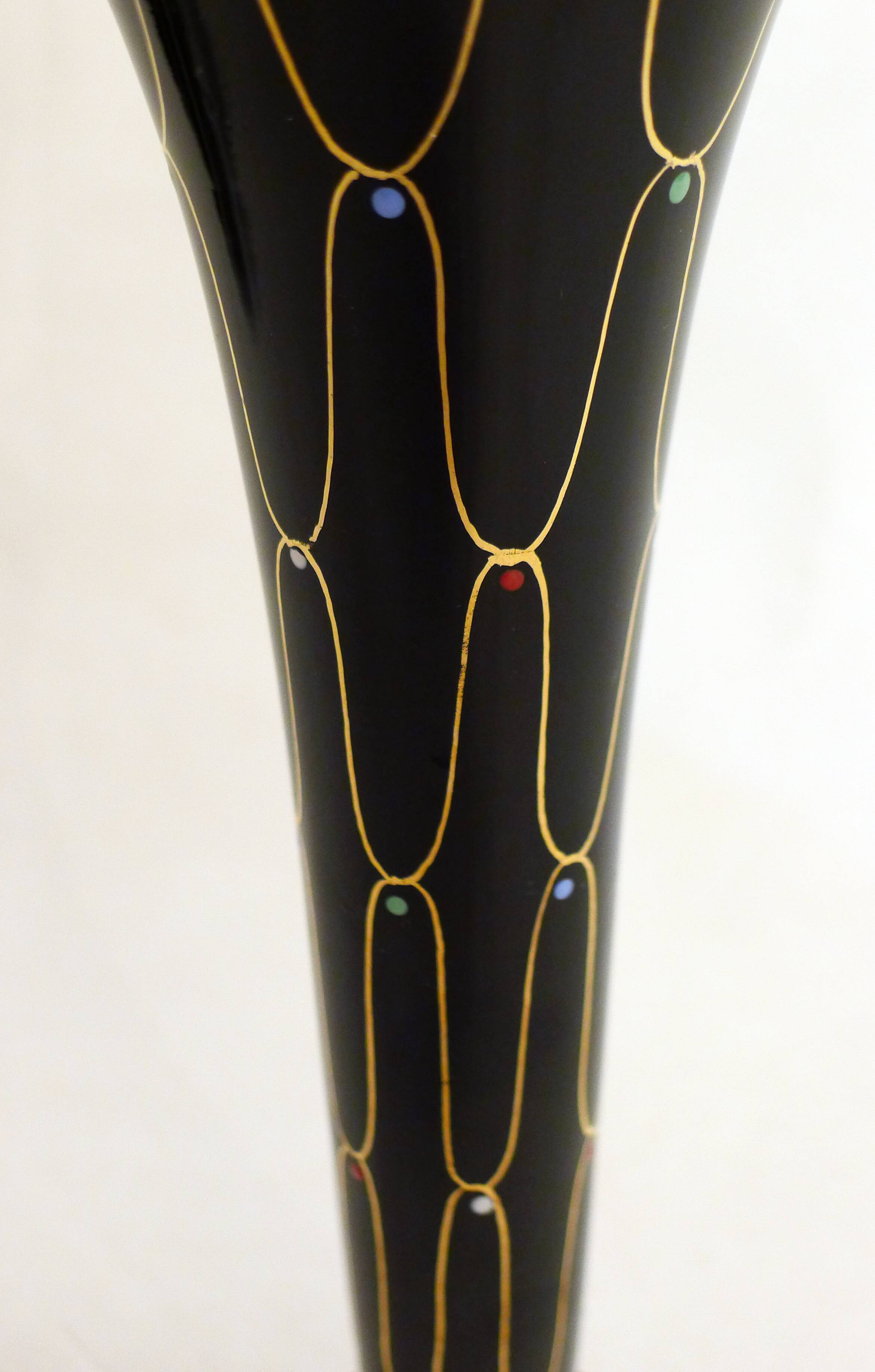 Black cornet vase with graphic decoration, 1950s