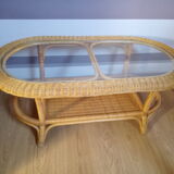 Vintage wicker coffee table and transparent glass tray