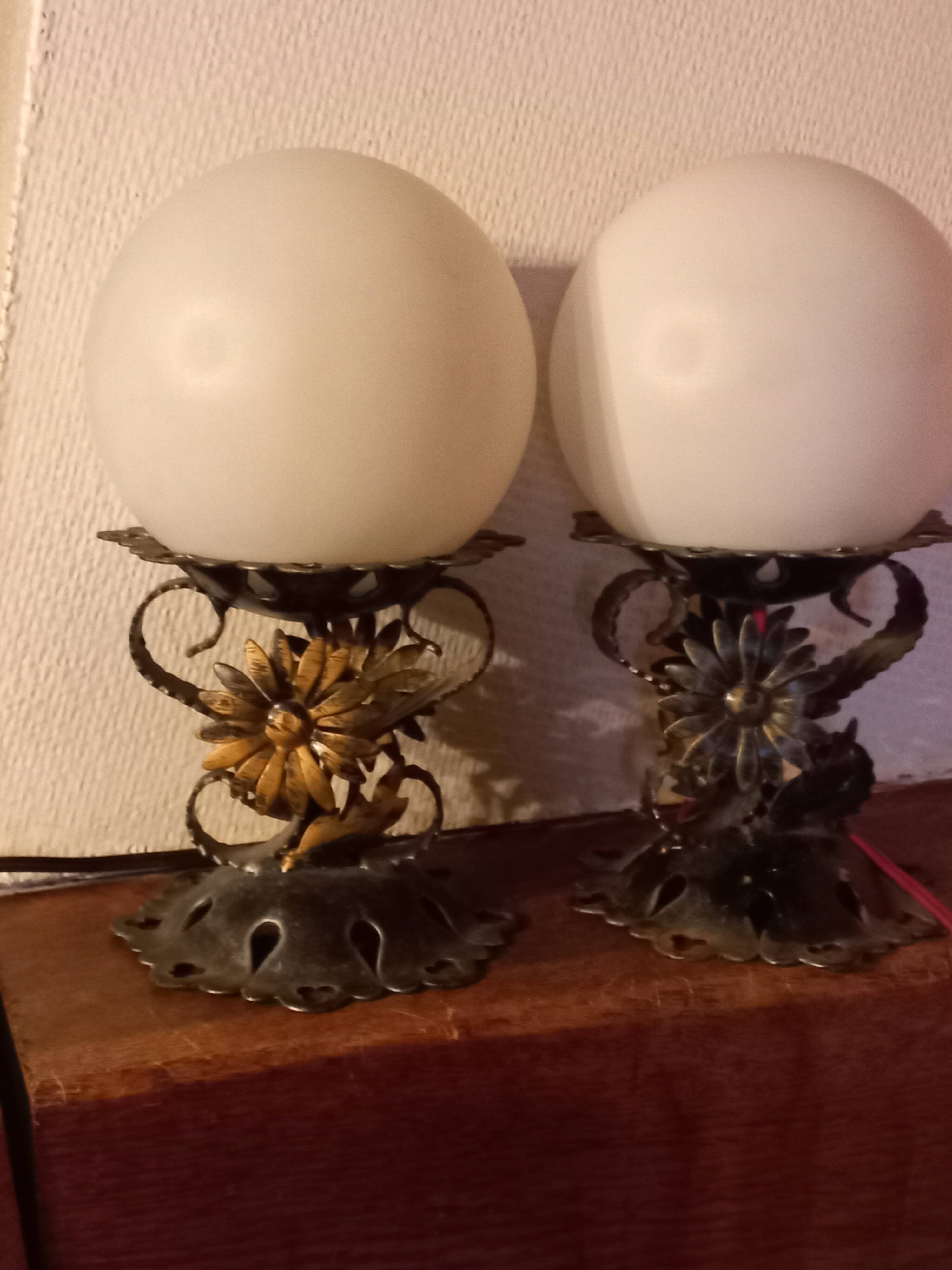 Pair of vintage wrought iron and opaline lamps from the 1960s.