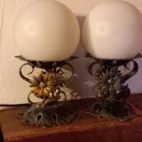 Pair of vintage wrought iron and opaline lamps from the 1960s.