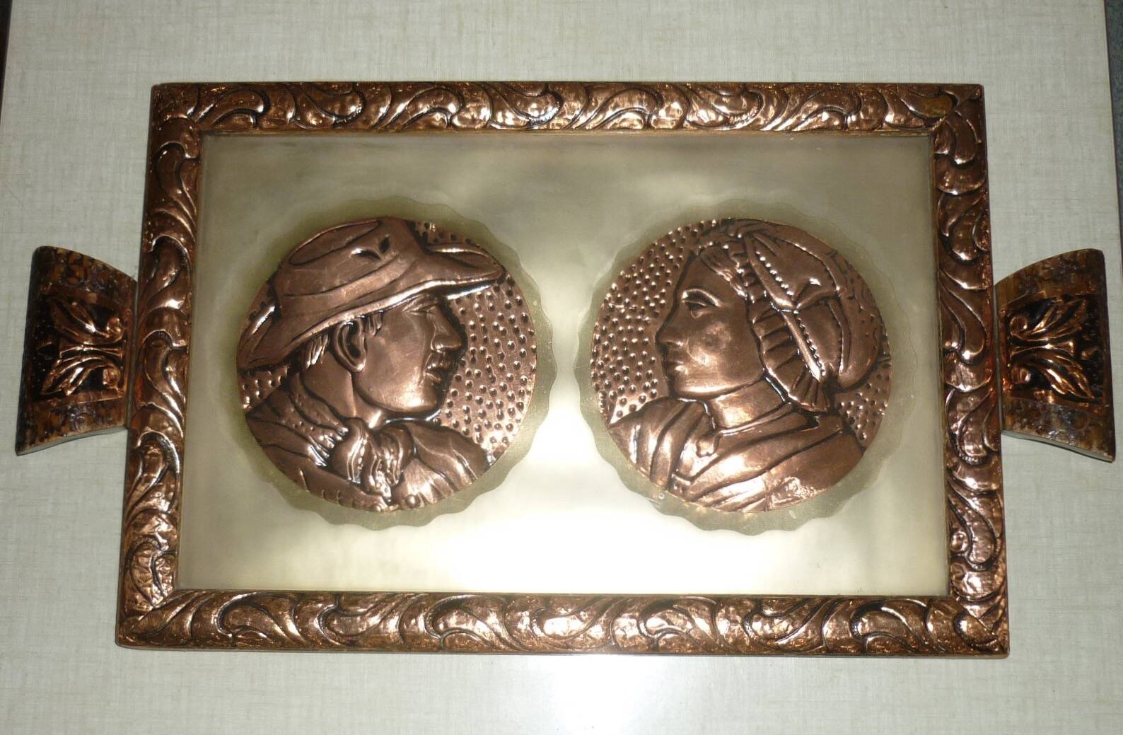 Serving tray in wood, copper and glazed 1950