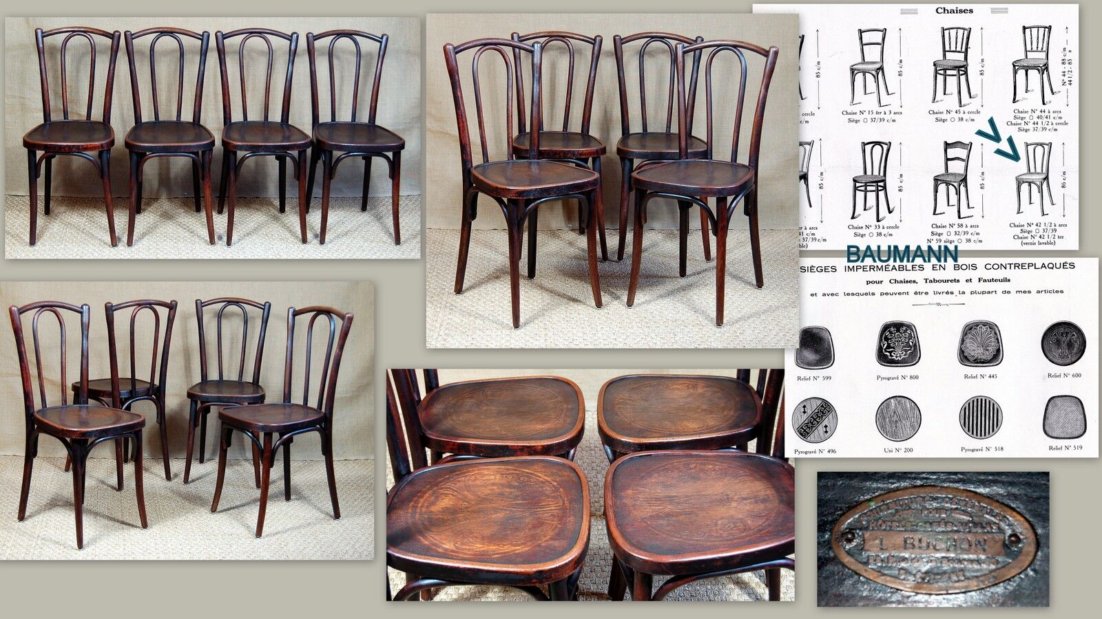 Lot 4 chaises bistrot Baumann et Buchon début XXe