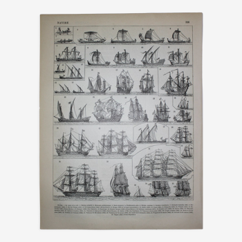 Engraving sailing boat and ship 1 original lithograph from 1898