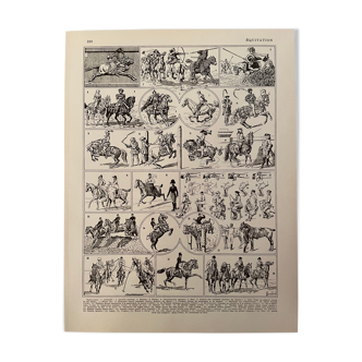Lithograph engraving on horseback riding from 1928
