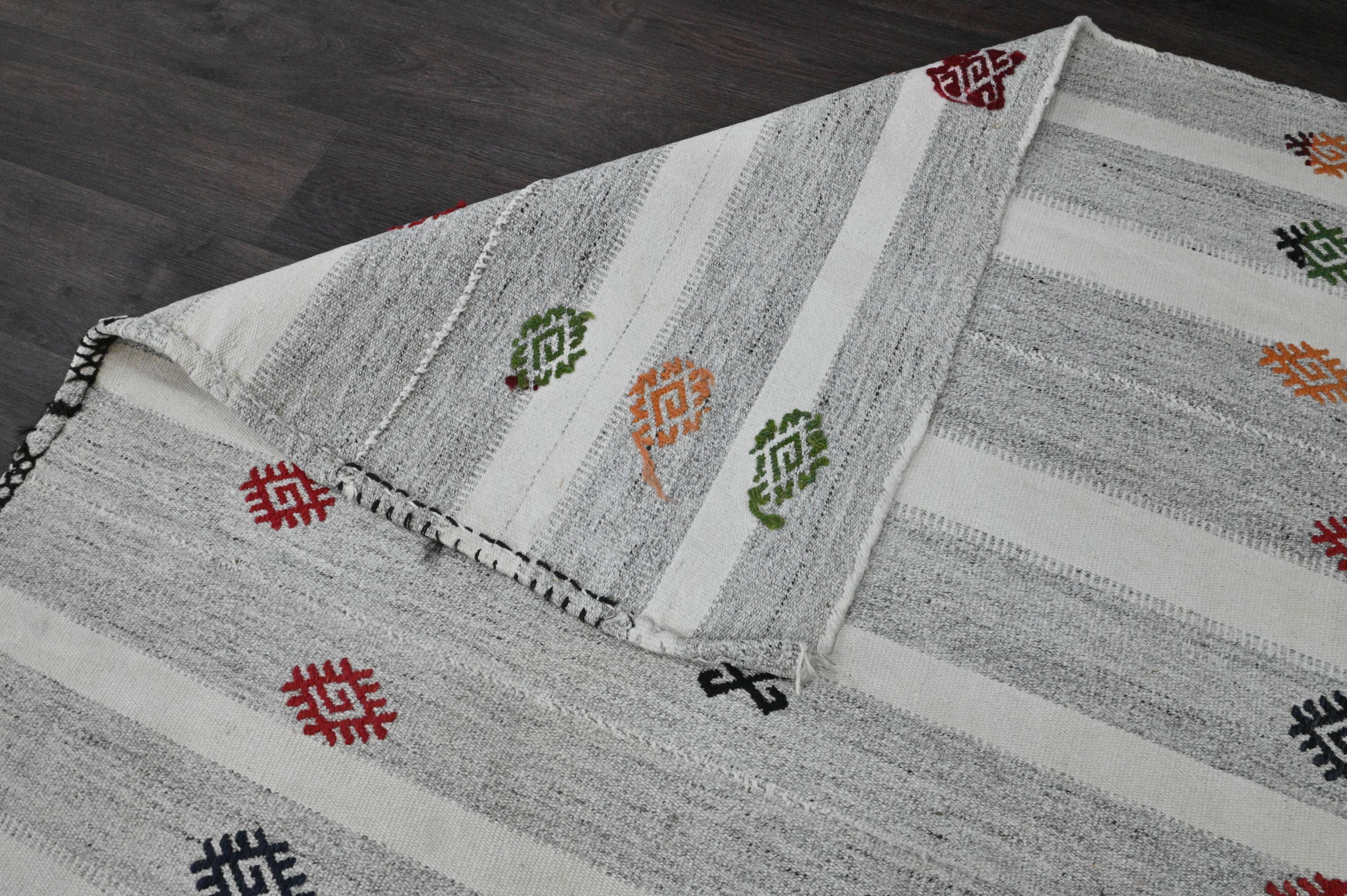 Vintage Turkish Kilim Rug 162x192 cm, Grey Stripes and Colorful Patterns