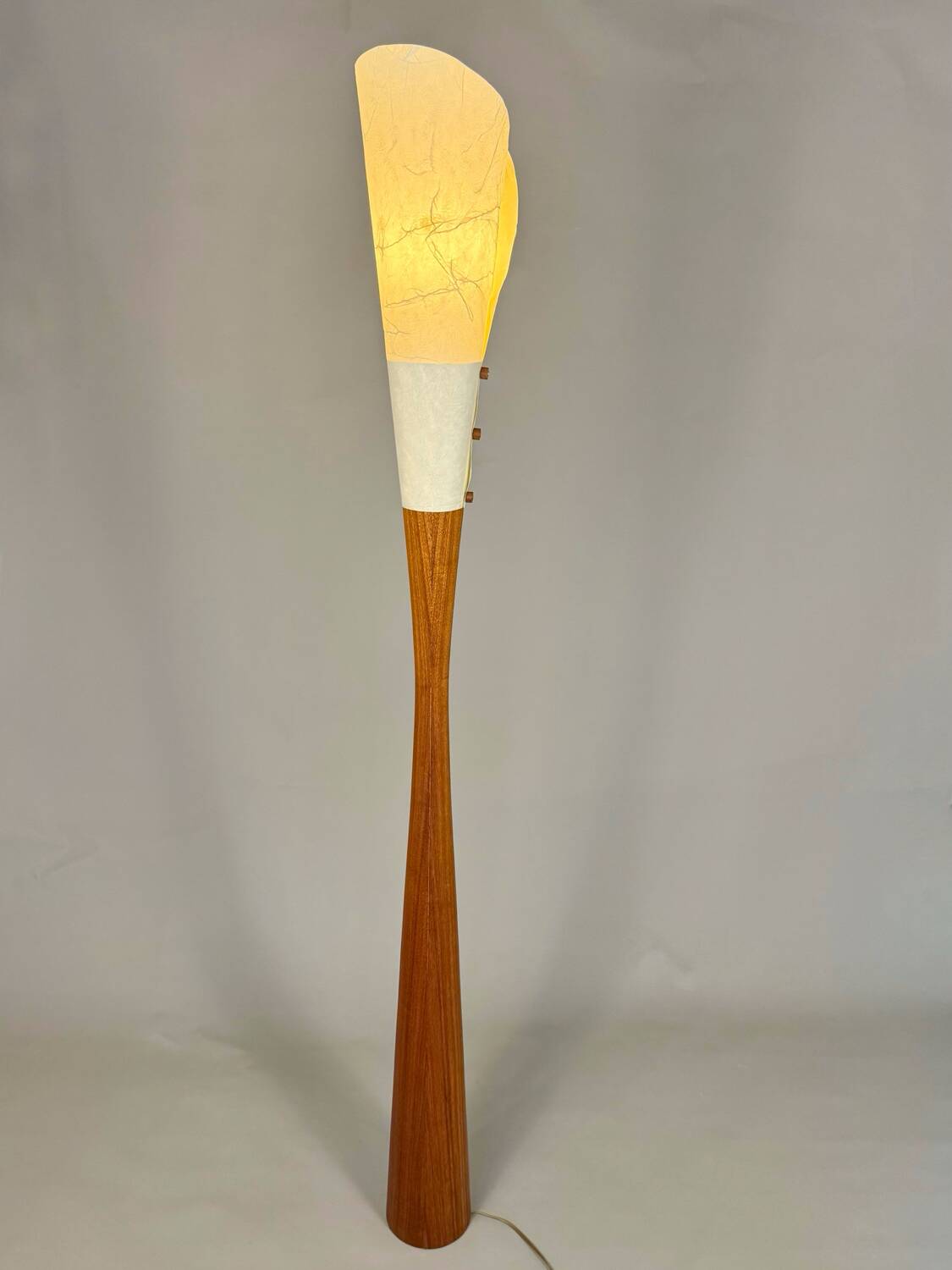 Sculptural floor lamp - exotic wood and textured shade, modern vintage style