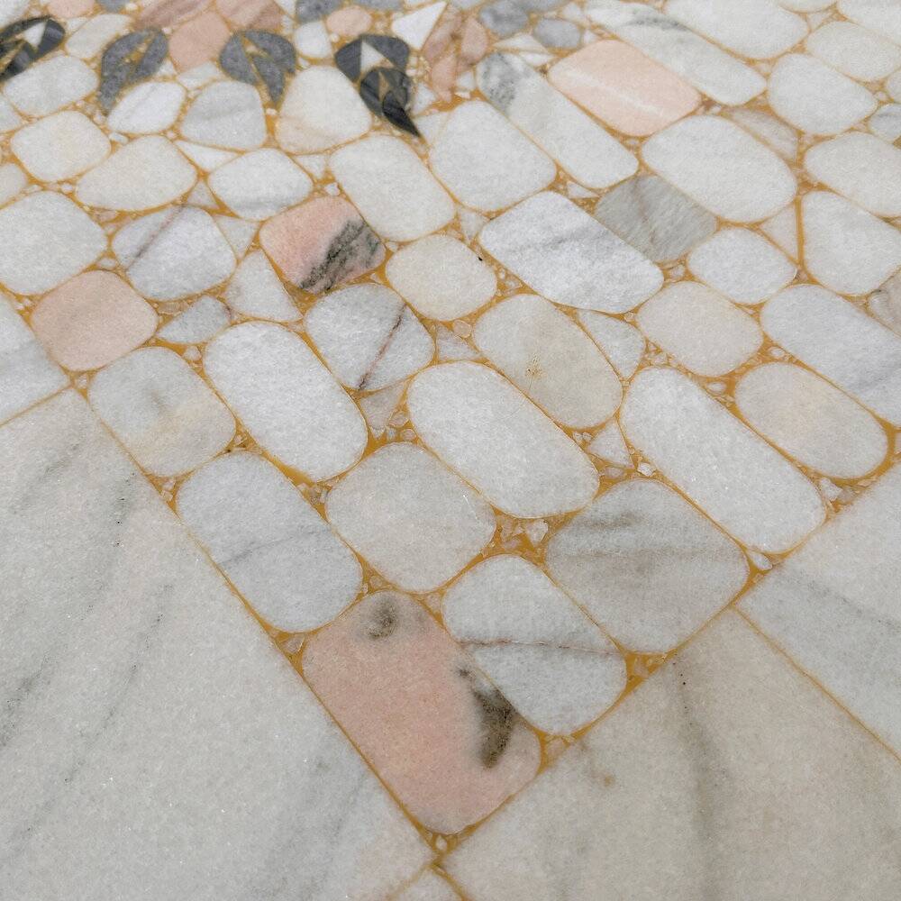 Large Italian pietra dura marble mosaic coffee table, floral inlay, Carrara marble