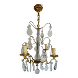 Chandelier set & 4 wall sconces with pendants, Louis XV style, gilded metal